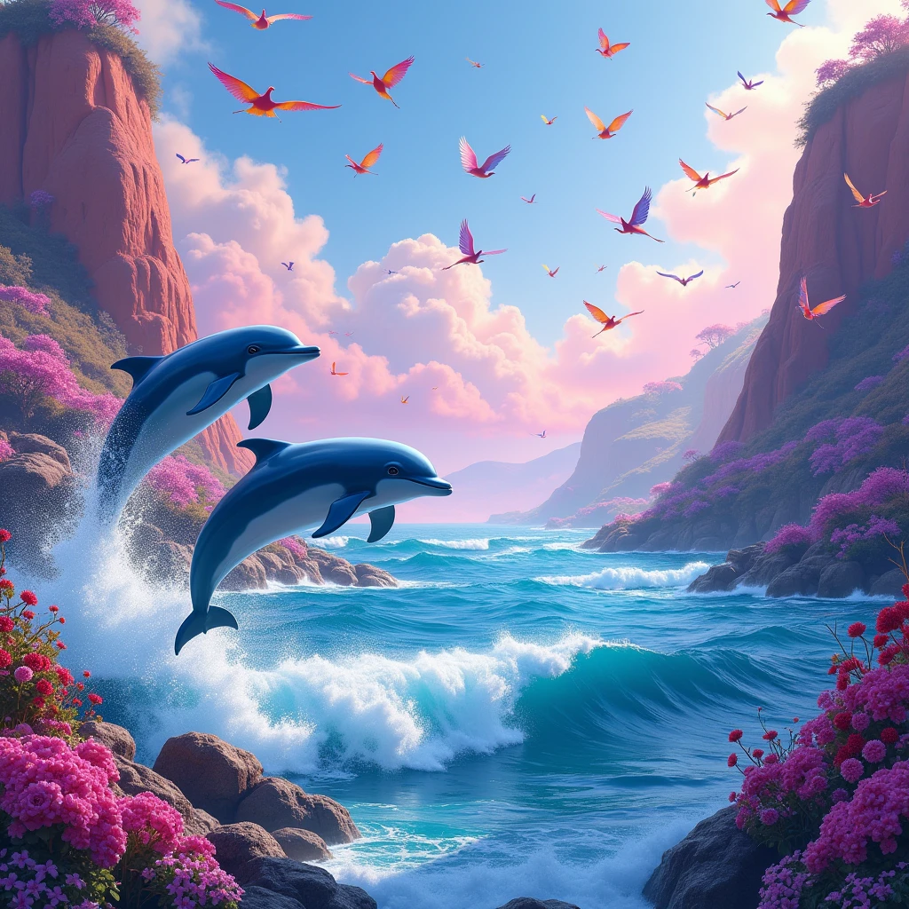 Dolphins jumping over the waves with a landscape with many colors and birds of all rainbow colors, many, many Barbie-style colors 