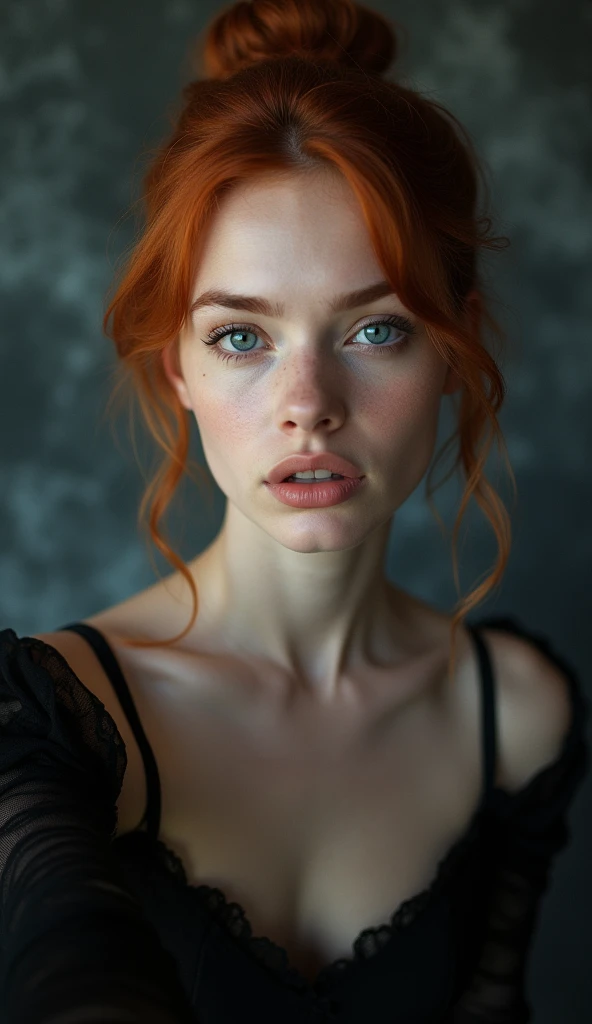 raw photo in UHD RAW format, (taking selfies), (straight half of the torso: 1,0). A 20 year old girl with a bun, natural red hair and blue eyes, parted lips. [ black gown ] [ hyper-realistic texture ], [ hyper-realistic skin texture ], smoky background, low lighting. fine-details, olhos e rosto extremamente symmetrical, extremely detailed, symmetrical, sharp piercing eyes.

