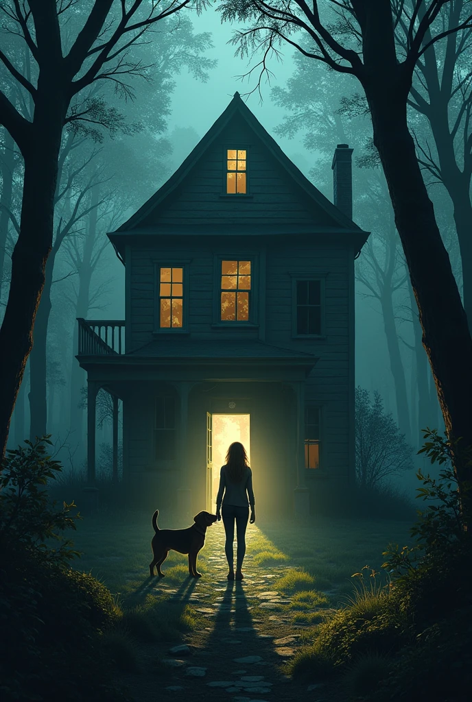 An abandoned house in the middle of the forest, A female journalist and a beagle in front of an open door with a paperclip in the lock (of those used to hold leaves) and the interior of the house revealing itself in the darkness. 