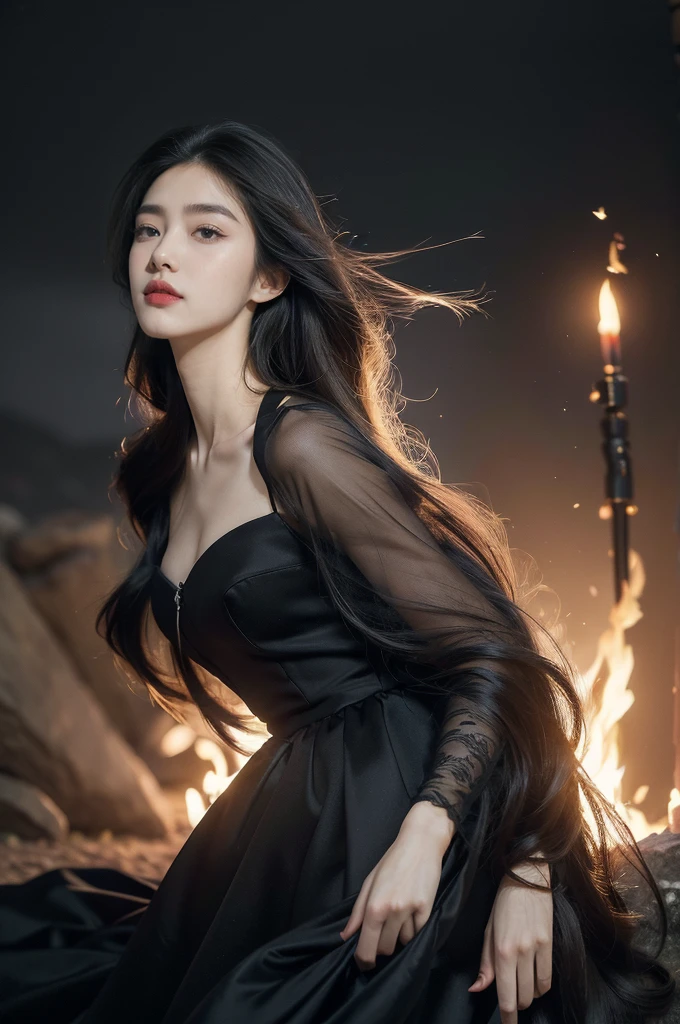 (((best quality))), (((ultra detailed))), (((masterpiece))), illustration, 1girl, long flowing hair, black lips,delicate features, graceful appearance, beautiful brows and eyes, fair skin, slender neck, elegant pose, black dress, simple yet elegant, wind fluttering, mysterious atmosphere, rocks, bonfire, illumination, natural world, tranquility, reflection, oneness with nature