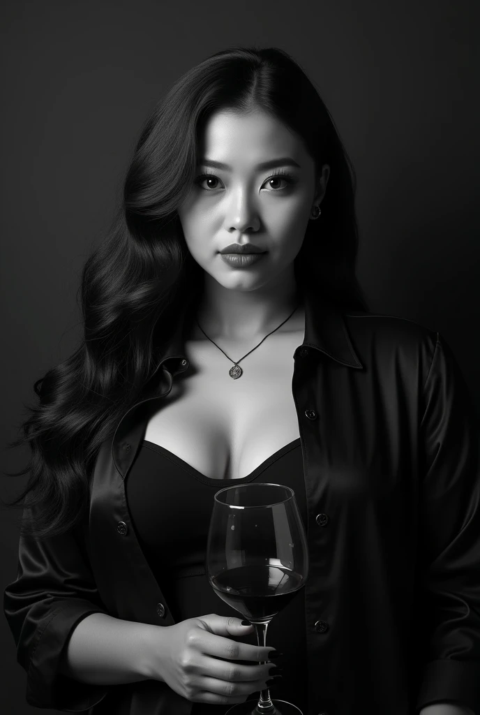 (solo, full body photo:1.3),black and white portrait, (close up) of a curvy Asian woman, seen to have sensual lips, long brown hair, wearing a black silk shirt with one button open, wearing a black tank top, holding a wine glass, black plain wall background abstract