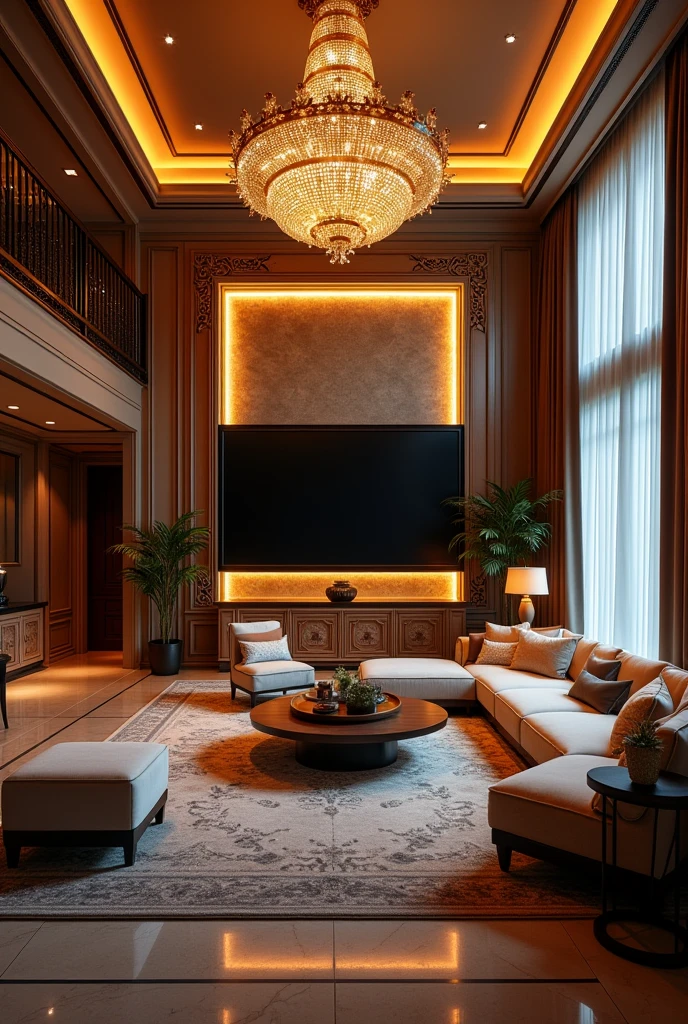 Beautiful luxury home with so many lights and beautiful very big room having big television and big frame