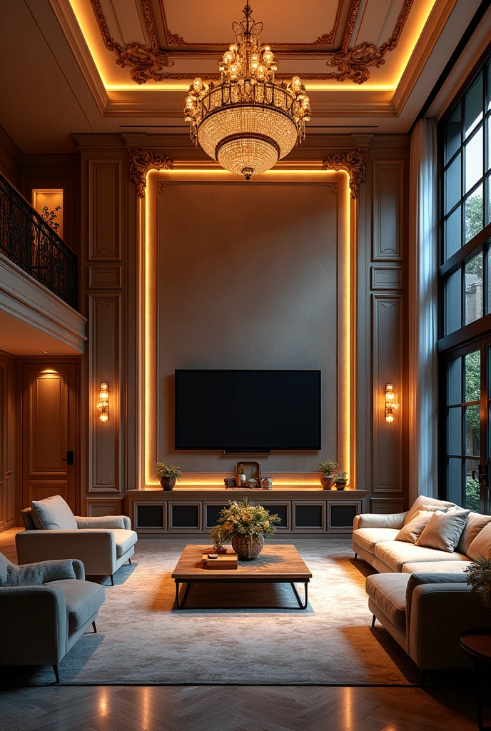 Beautiful luxury home with so many lights and beautiful very big room having big television and big frame