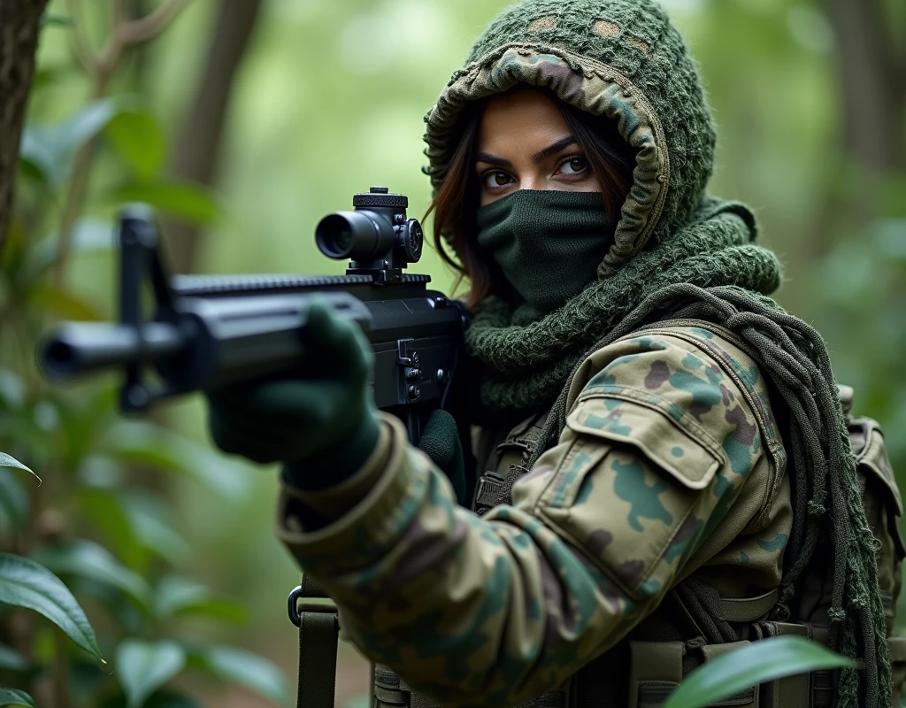 Aishwarya Rai as Russian soldier, wearing wearing full ghillie suit, wearing full face scarf, wearing gloves, in jungle area, full body view, firing pose,