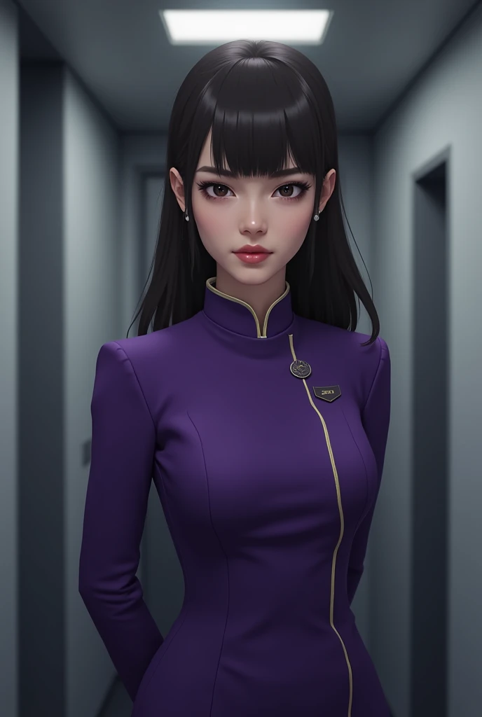 Stewardess in purple in a gray cabin closer face more serious without bangs More realistic in a gray cabin I tell you stewardess in purple uniform in a gray cabin without bangs serious face