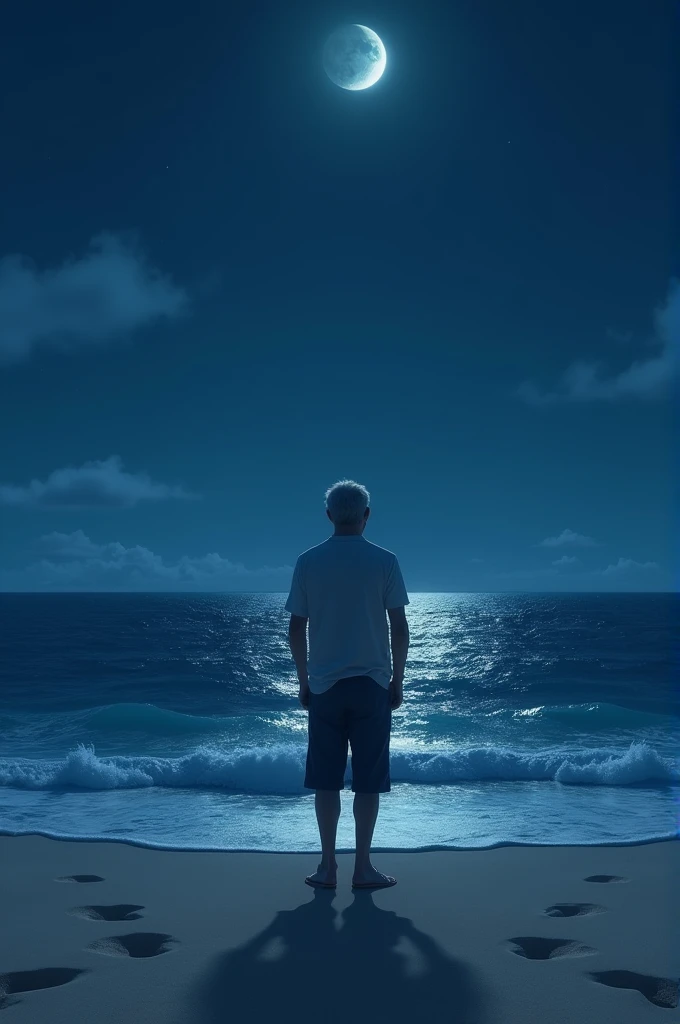 A man in beach with evening moon light