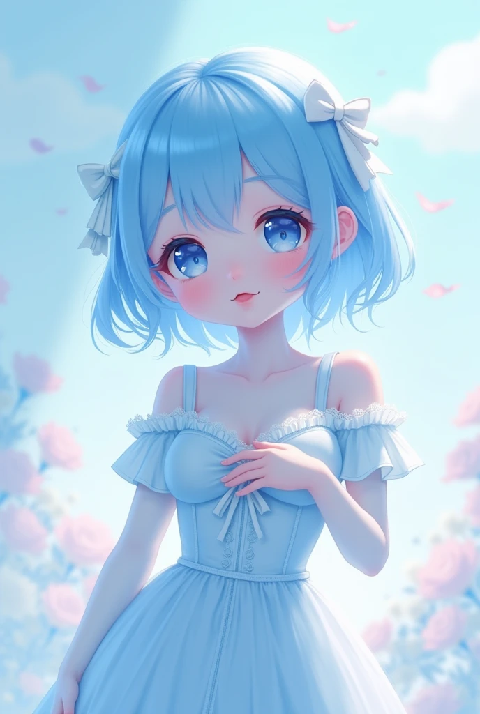 Anime-type idol that looks like an avatar that is pastel blue and cute and that touches a breast that looks more adult.