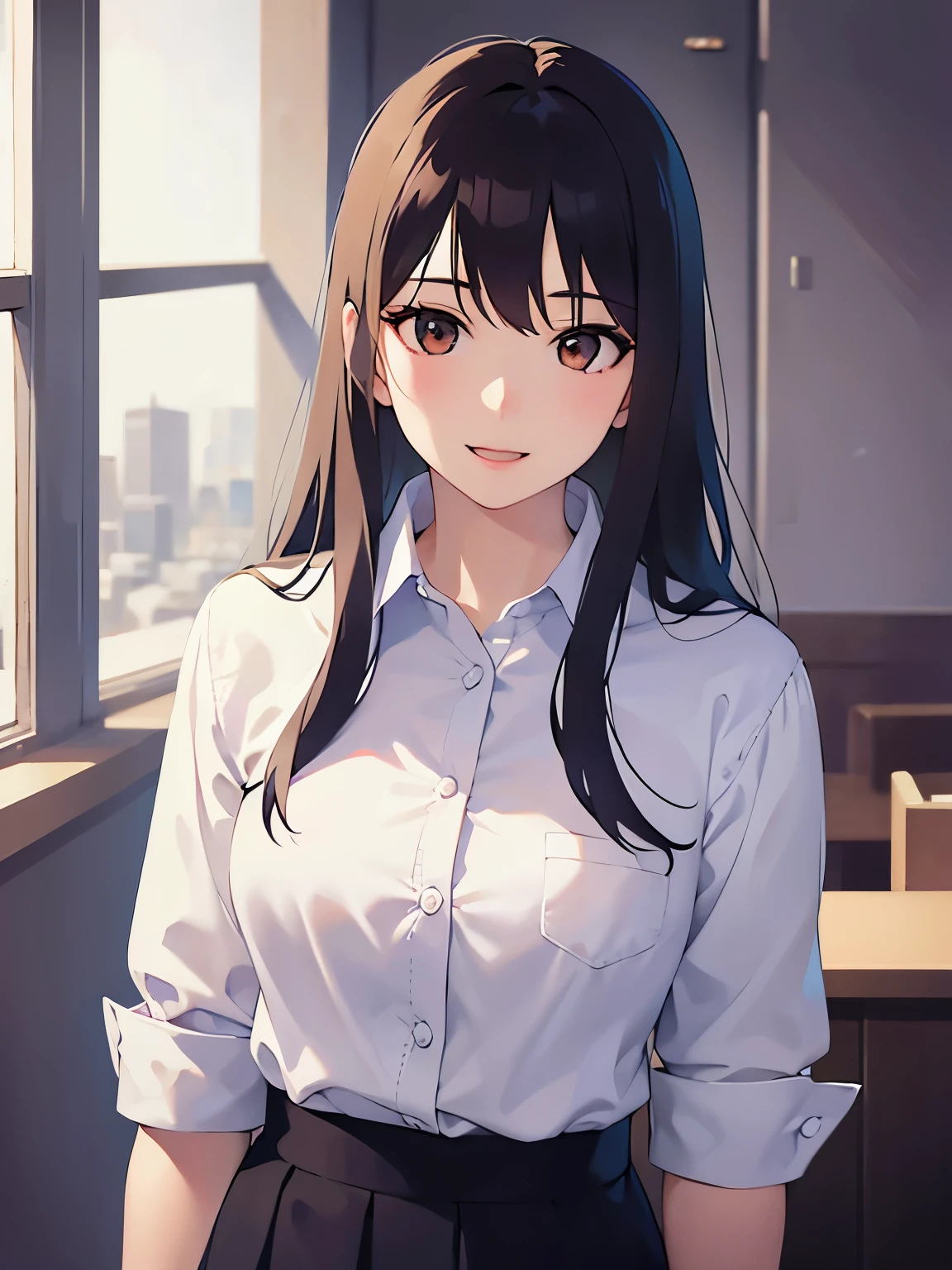 side angle,(looking away:1.5),Upper Body, Arms at your sides、
Realistic, real person, (pale skin: 1.2), RAW photo, photorealistic, shiny skin, shiny hair、
(A 2 woman with medium-length hair and bangs) and (wavy hair) and (brown hair) and (orange eyes) ,
(white collared shirts)、
(smile:1.2),open mouth,Standing office、(alone:1.5)