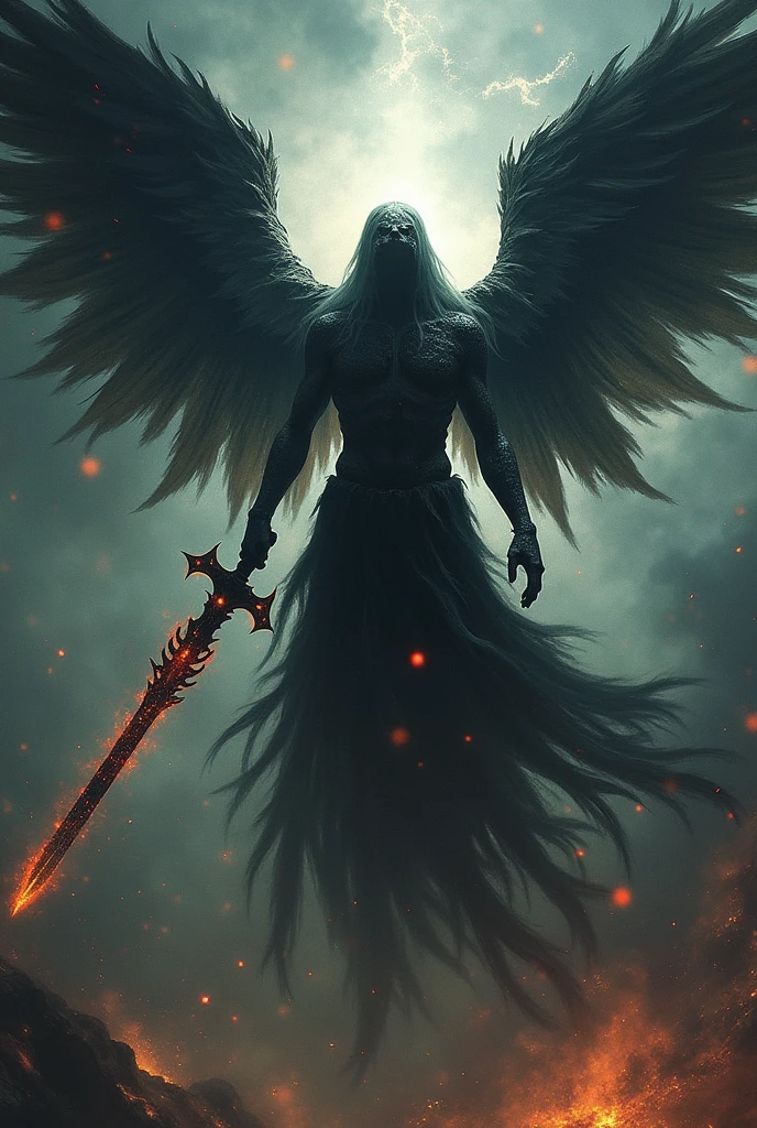 Corrupted Angel: A fallen angel with tattered, blackened wings and a malevolent aura, wielding a dark, jagged sword. The backdrop is a celestial realm in chaos, with stars and cosmic energy swirling around.