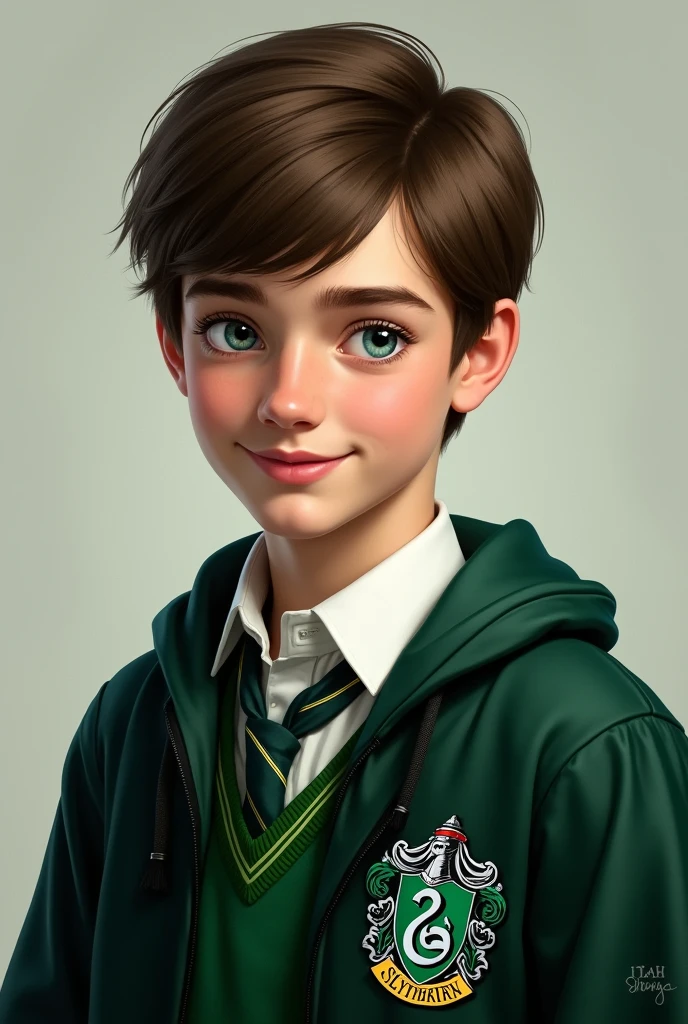 A 1 boy with short brown hair, blue eyes, a handsome face, fair skin, in Slytherin, and a good figure.