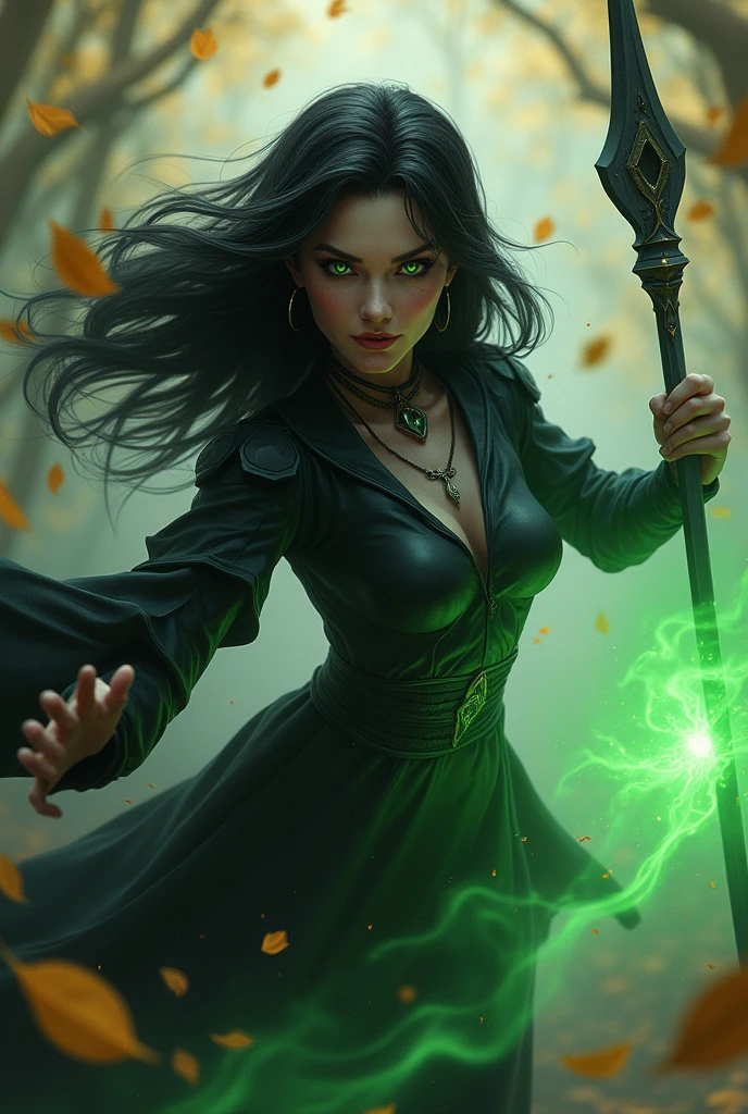 Shadowheart, the half elf from baldur's gate 3, best quality, ultra-detailed CG unity 8k wallpaper, floating, high resolution, dynamic pose, beautiful face, (green eyes:1.2, black hair:1.3, black clothes), depth of field, white forest, golden leaves, magic light), holding a dark grey spear in her right hand, casting dark green magic with her left hand