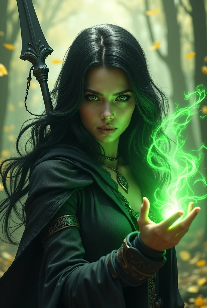 Shadowheart, the half elf from baldur's gate 3, best quality, ultra-detailed CG unity 8k wallpaper, floating, high resolution, dynamic pose, beautiful face, (green eyes:1.2, black hair:1.3, black clothes), depth of field, white forest, golden leaves, magic light), holding a dark grey spear in her right hand, casting dark green magic with her left hand