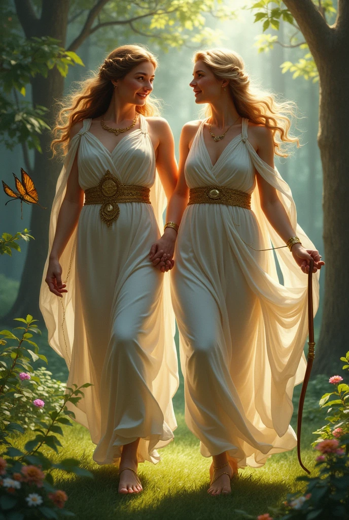 Two lesbian greek goddess in the forest with bow in one's hand walking on the forest with happy face with some distance between them