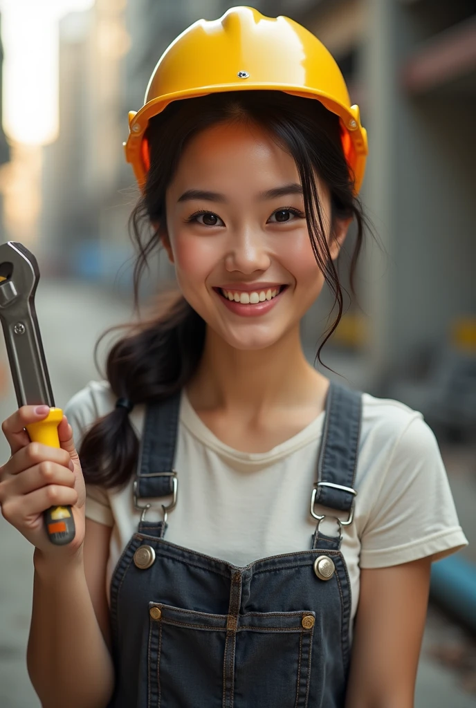 create 1 asian girl, beautiful smiling face, construction hat, wrench handle, real people