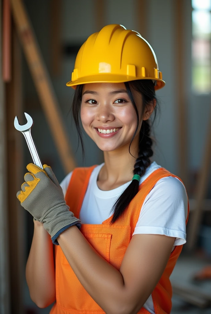 create 1 asian girl, beautiful smiling face, construction hat, wrench handle, real people
