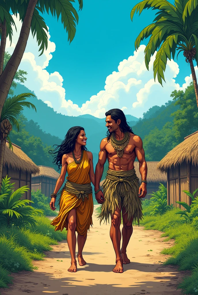 A woman helping a blind man walk in the village, they are indigenous and use leaves and straw as clothes, in the background of the image you can see the blue sky, the vast village of forests and several houses made of bamboo and straw, comic book style.