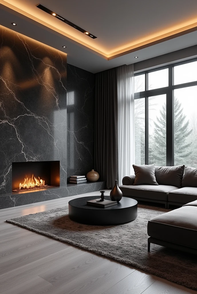 Professional 3d architecture rendering design of modern living room with so and very dark stone floranca velvet sofa set and medium flouting dark gray marble fireplace and light gray laminate and elegant and modern accessories and modern windows and black slab stone middle table and elegant and modern ceiling lighting and elegant accessories and elegant dark silk gray Persian carpet and elegant and modern ceiling lighting