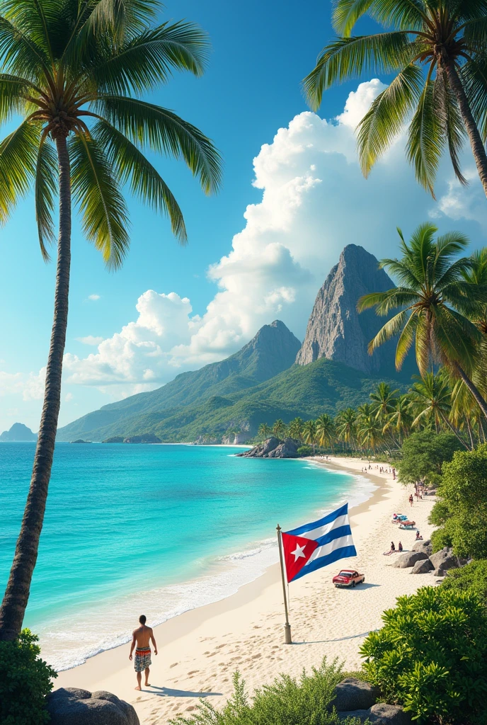 Make an image showing the Caribbean beaches of Cuba plus what stands out the most in the country and the flag in the background. The photo should be horizontal and show a lot of Cuba.