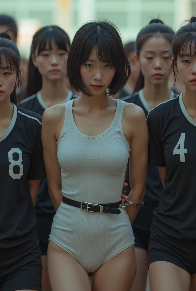 White ribbed high socks　Narrow-fitting high socks　Knee-high socks with no cuffs　Thin ribbed knee-high socks　Woman being taken away by female volleyball player　Short hair girl　Public Execution　Woman handcuffed behind her back　A woman surrounded by female athletes