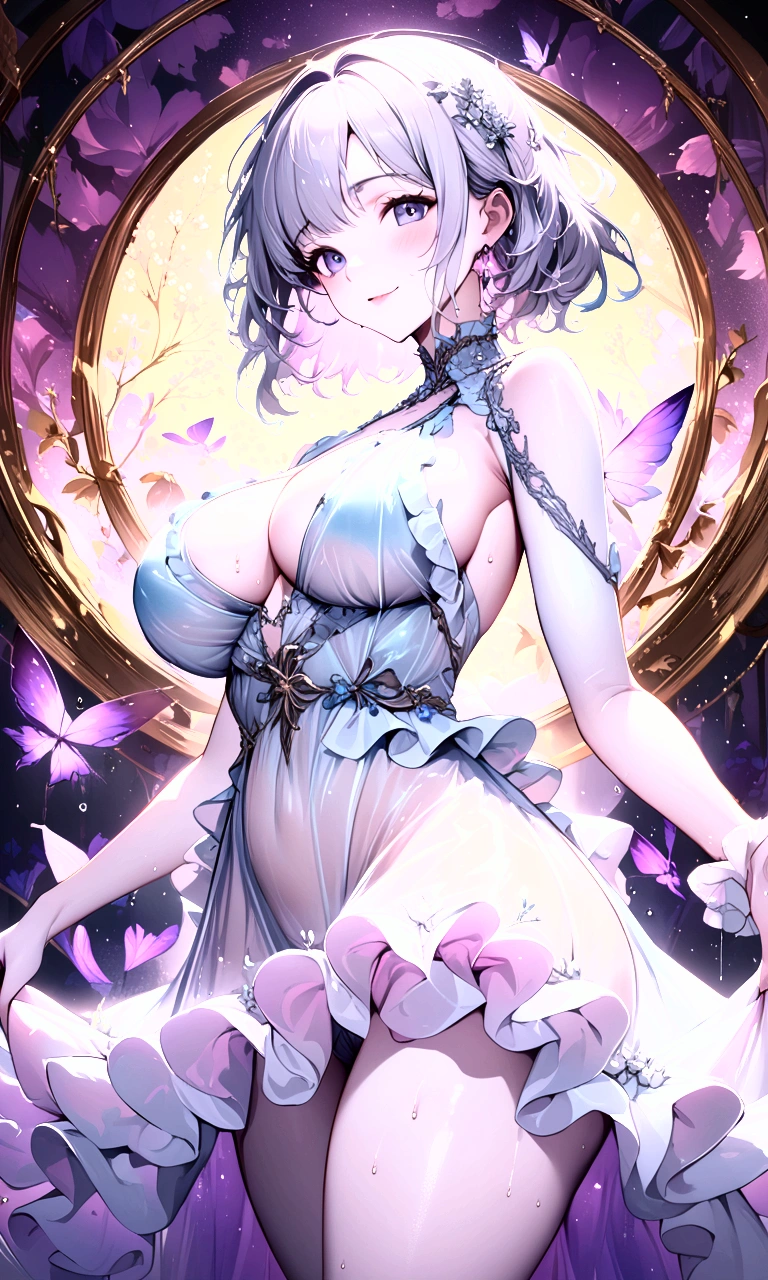 (((masterpiece))),((Highest quality)),one woman,30-year-old woman,Beautiful girl, bangs、Translucent white skin, Sparkling sweat, (Adorable dress with detailed ruffles:1.3)、Japanese girl、 Beautiful digital artwork, Beautiful fantasy art, dynamic sexy poses, A kind smile, A gentle gaze, {A mysterious aura},Big Breasts