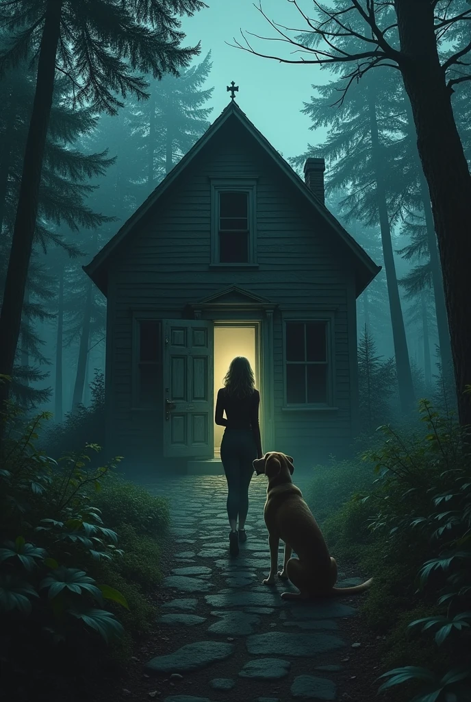 An abandoned house in the middle of the forest, A female journalist and a beagle in front of an open door with a paperclip in the lock (of those used to hold leaves) and the interior of the house revealing itself in the darkness.