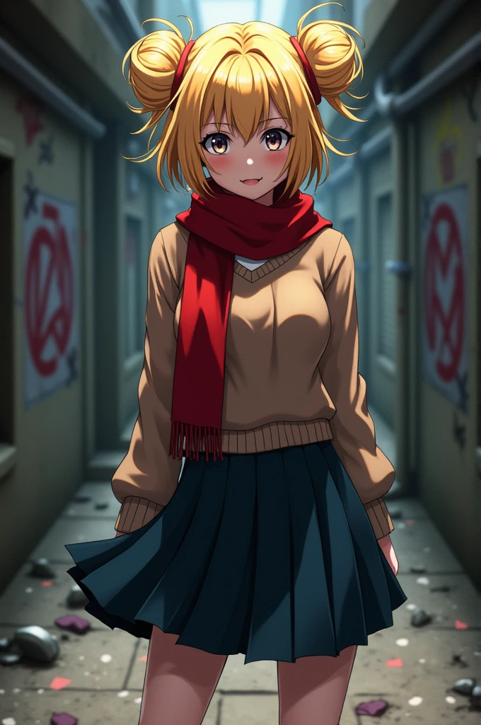 Hyper realistic photograph,Himiko Toga, dressed in her quintessential schoolgirl attire,a brown sweater and dark blue skirt, from 'My Hero Academia,' poised in a stance that embodies a playful yet menacing presence, her blonde hair set in twin buns with rogue strands framing visage, signature red scarf accentuated, surrounded by a dimly lit, urban alleyway with graffiti and debris, capturing the essence of her villainous persona, style evoking an ardent
