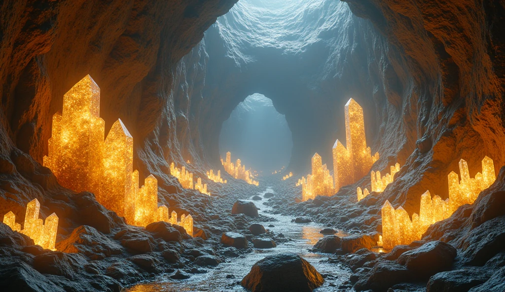 There are many crystal and gold ores under the ground.（best quality，4K，8k，High level，masterpiece：1.2），Ultra Detailed，（lifelike，Photo real，Photo real：1.37）