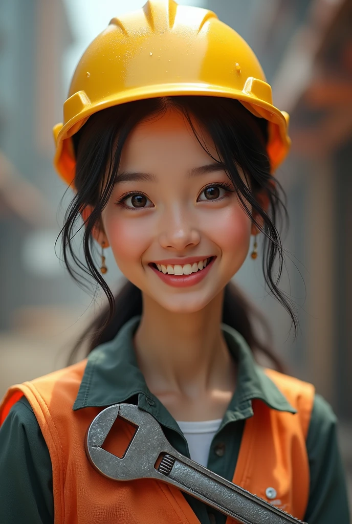 create 1 asian girl, beautiful smiling face, construction hat, wrench handle, real people