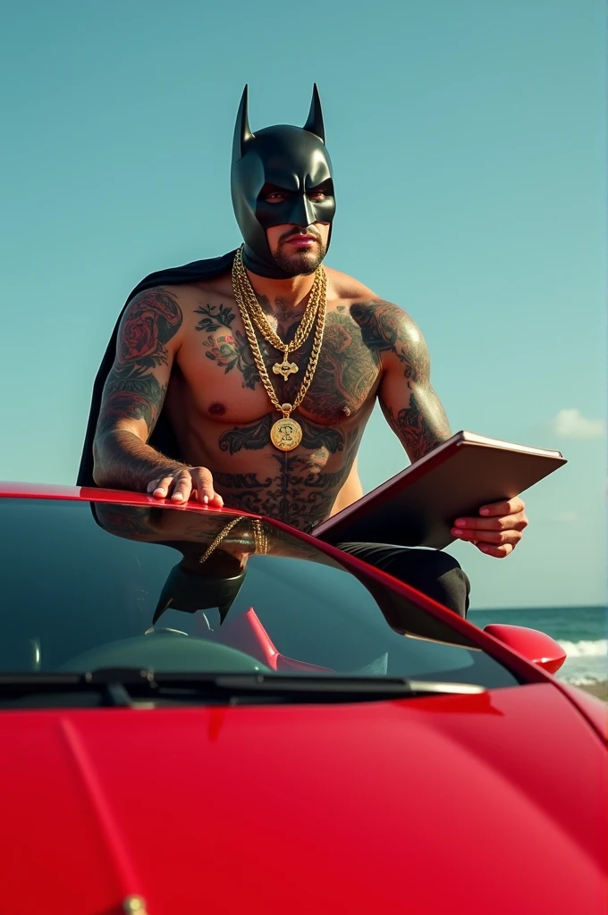 Tattooed man with Batman mask,with gold chain, Rolex, notebook, uniform written rollet he on top of a red Lamborghini, with a small gold roulette on top of the car, em uma praia
