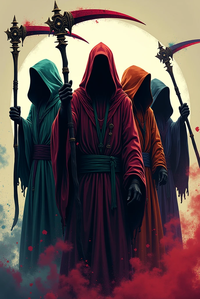 Five grim reapers in animated form and without background, wielding a scythe in his hands, each reaper of different color