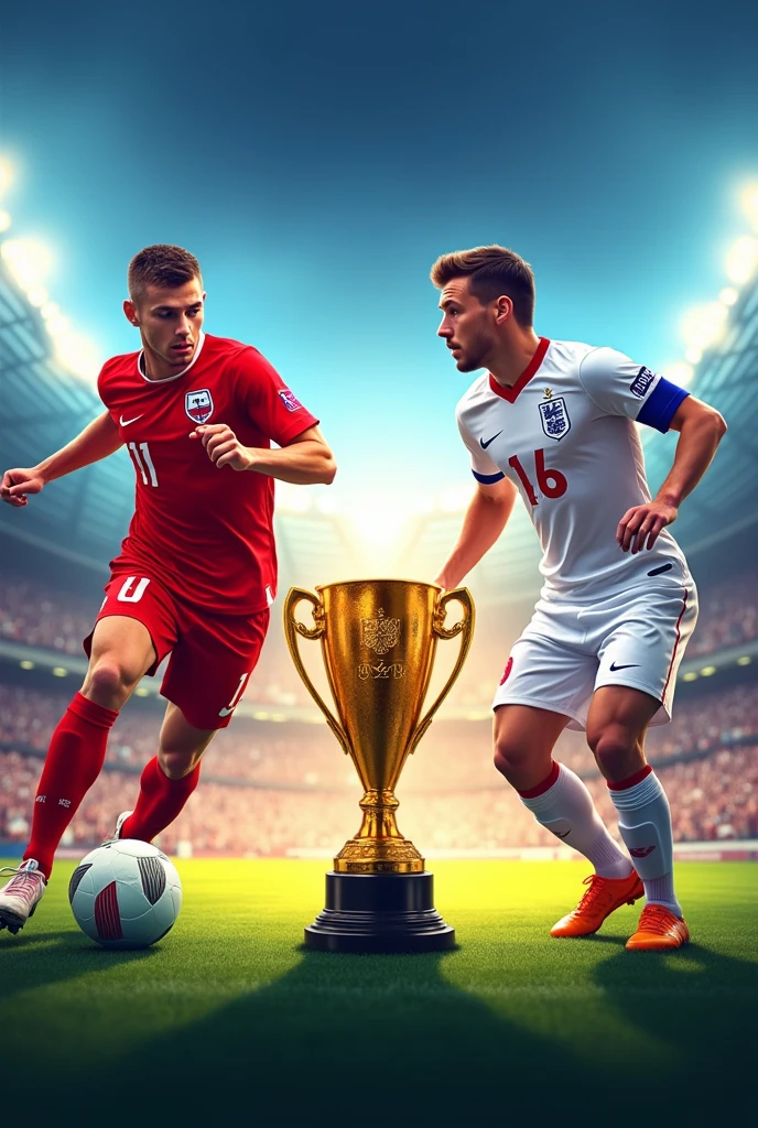 Make a banner with two players wearing Poland's uniform and the other wearing England's uniform, write on the image Kakaroto versus Barbosa and football 2024 and a golden cup between them.