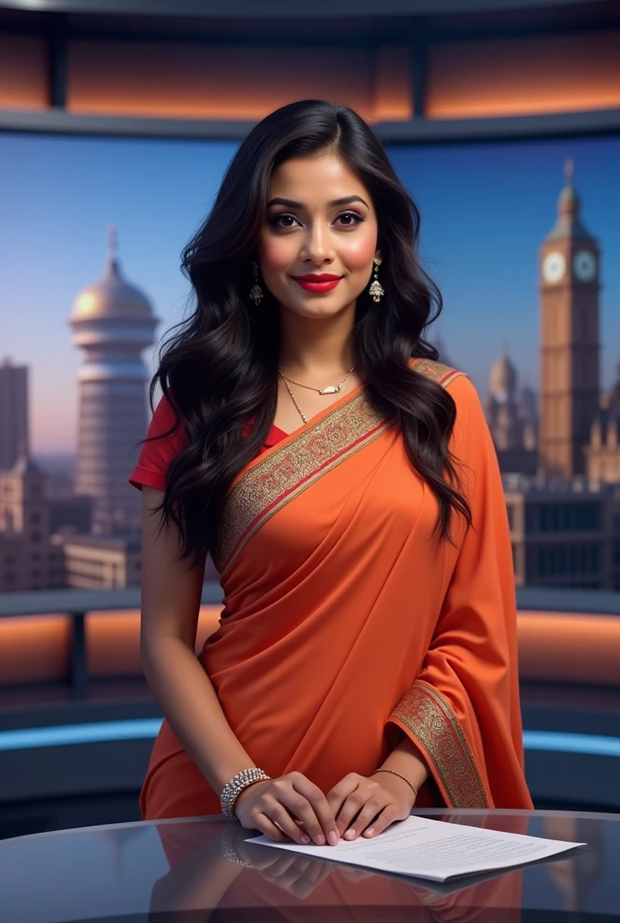 A indian girl news reporter long hair, beautiful, charming, chubby, good dressing sense, in saree with news studio background, standing back of desk, and silently and hands on desk (realistic), (beautiful)