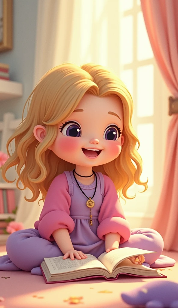 Children's book characters, Happy with wavy hair, (Blonde), In a pink and lilac dress、He has a string with a key around his neck., She is sitting on the floor with a book on her lap