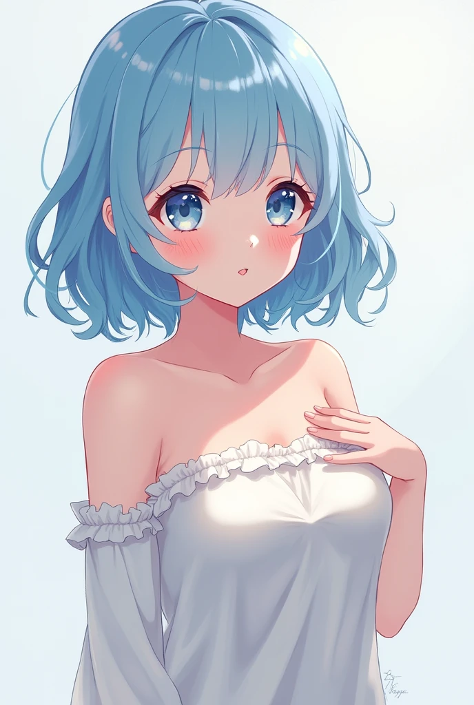 Anime-type idol who looks like an avatar that is pastel blue and cute and who touches one of her breasts so that she looks more adult in color, so that she is more adult
