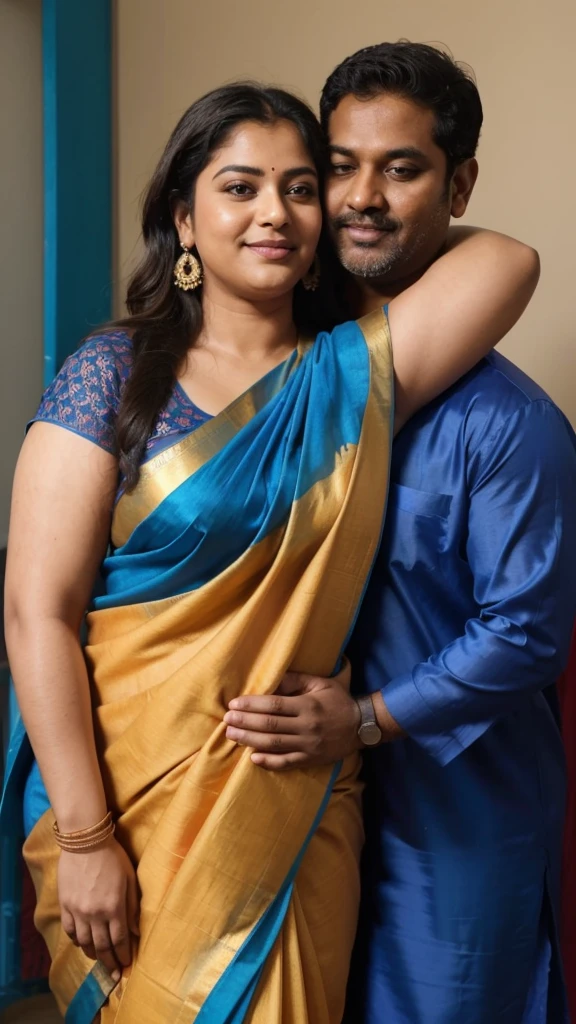 a  50-year-old shirtless man  affectionately hugging and kissing aradiant, full-figured South Indian plus-sized 30 year old teacher wearing a blue colour silky saree in  dressing room, captured in a full-body image with vibrant hues and meticulous details. Full body image