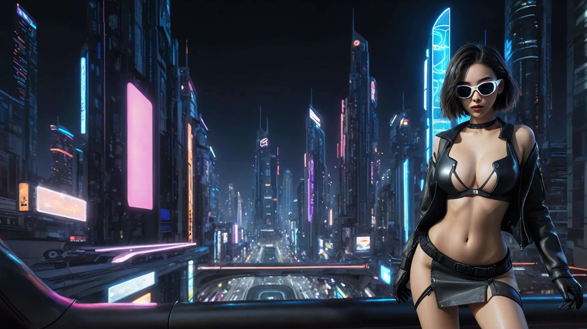 (Wide angle aerial view). At night, simple outlined cyberpunk city, flying cars, line art background. At night, (1girl, solo, alone), photorealistic, large-breast slim:0.6 body, oval:0.5 face, cleavage:1.1, miniskirt, deep-v, (upskirt), glove, (Matrix style black micro sunglasses), (aiming viewer with a short gun), dynamic running pose, (half-body thigh level close-up shot), cinematic lighting, ray tracing, motion blur background.