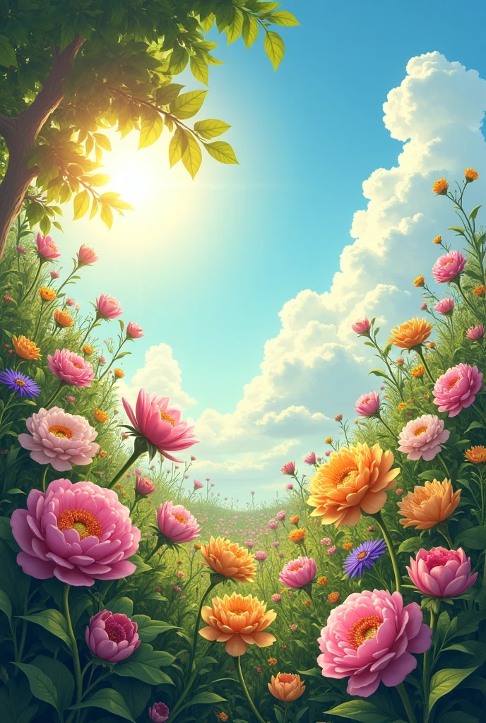 I want a photo in which the flowers are growing, a sun is on the sky 