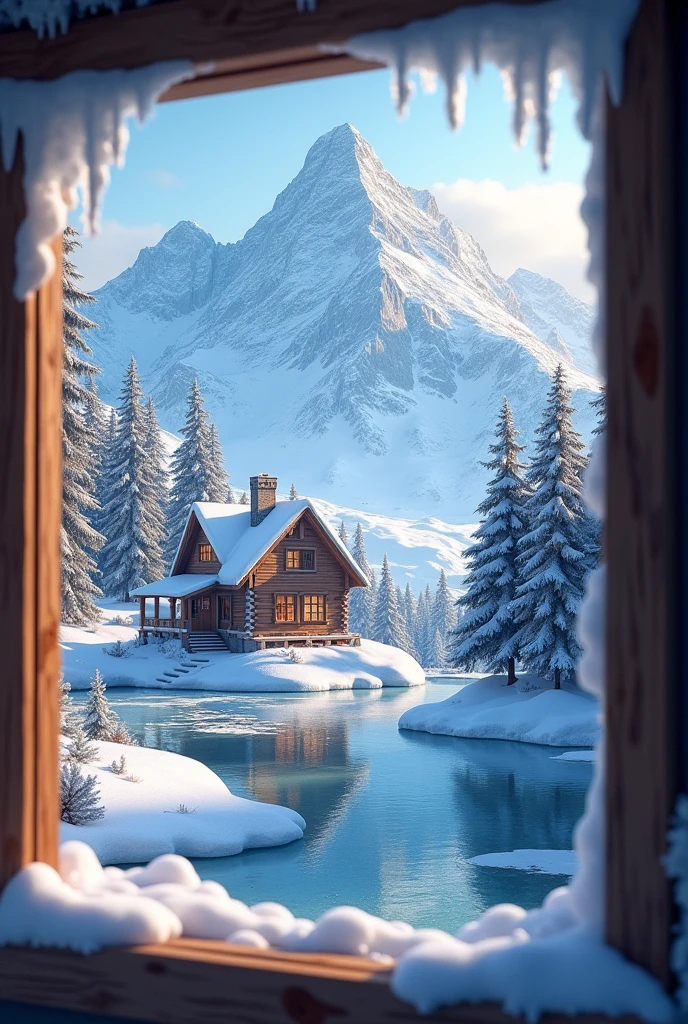 a beautiful snowy landscape view from the window of a cabin, (Highest quality,4K,8k,High resolution,masterpiece:1.2),Very detailed,(Realistic,photoRealistic,photo-Realistic:1.37),High resolution,超High resolution,Studio Lighting,Ultra-fine painting,Sharp focus,Physically Based Rendering,Very detailed説明,Professional,Vibrant colors,Bokeh,landscape,winter,snow,Mountain々,pine tree,Frozen Lake,Cozy Cabin,Warm lighting,Frost,Icicle,peaceful,Calm