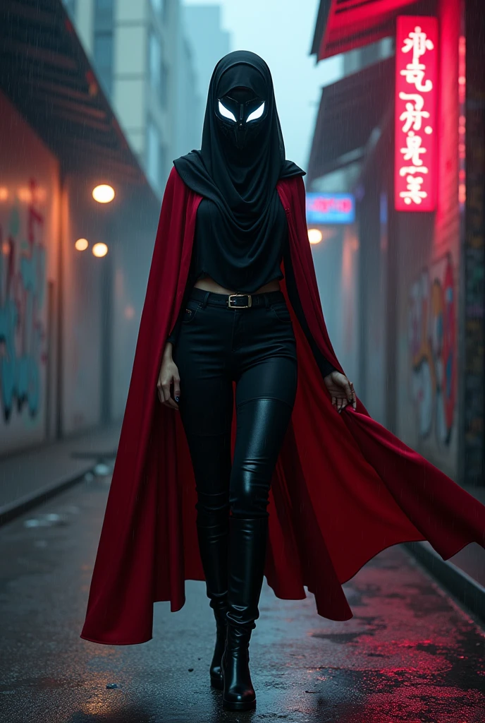 A model malay woman with black hijab with black glowing mask covered her face, red cape, black long cardigan covered her body, black pants and black thigh high boots. background red brick warehouse district alley with graffiti murals on all the walls at night with some neon lights, fog and smoke. rainy day style.