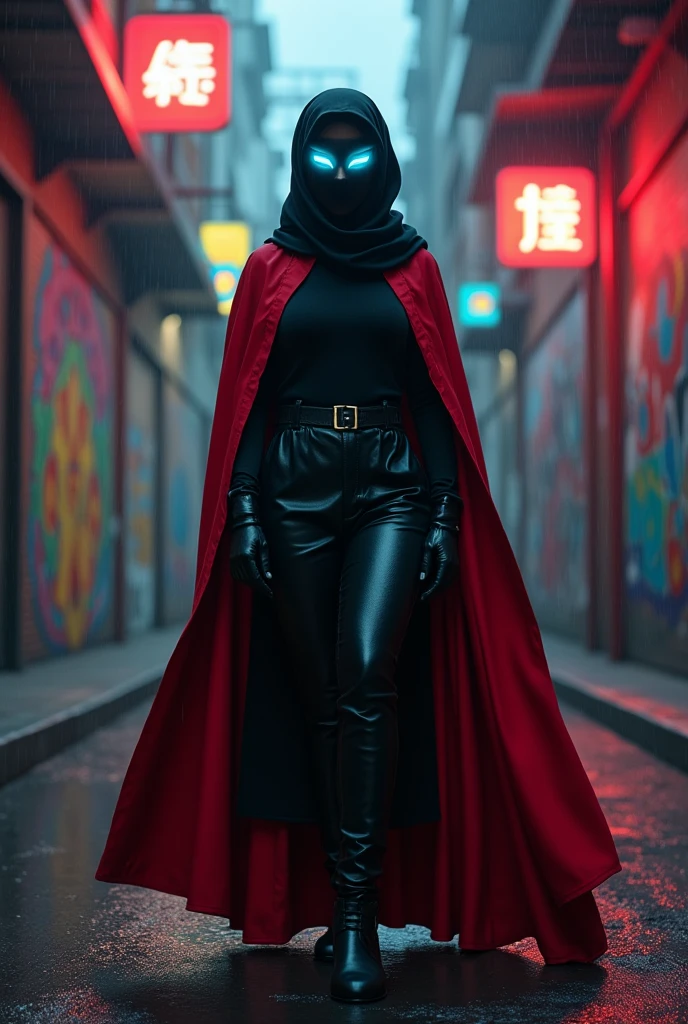 A model malay woman with black hijab with black glowing mask covered her face, red cape, black long cardigan covered her body, black pants and black thigh high boots. background red brick warehouse district alley with graffiti murals on all the walls at night with some neon lights, fog and smoke. rainy day style.