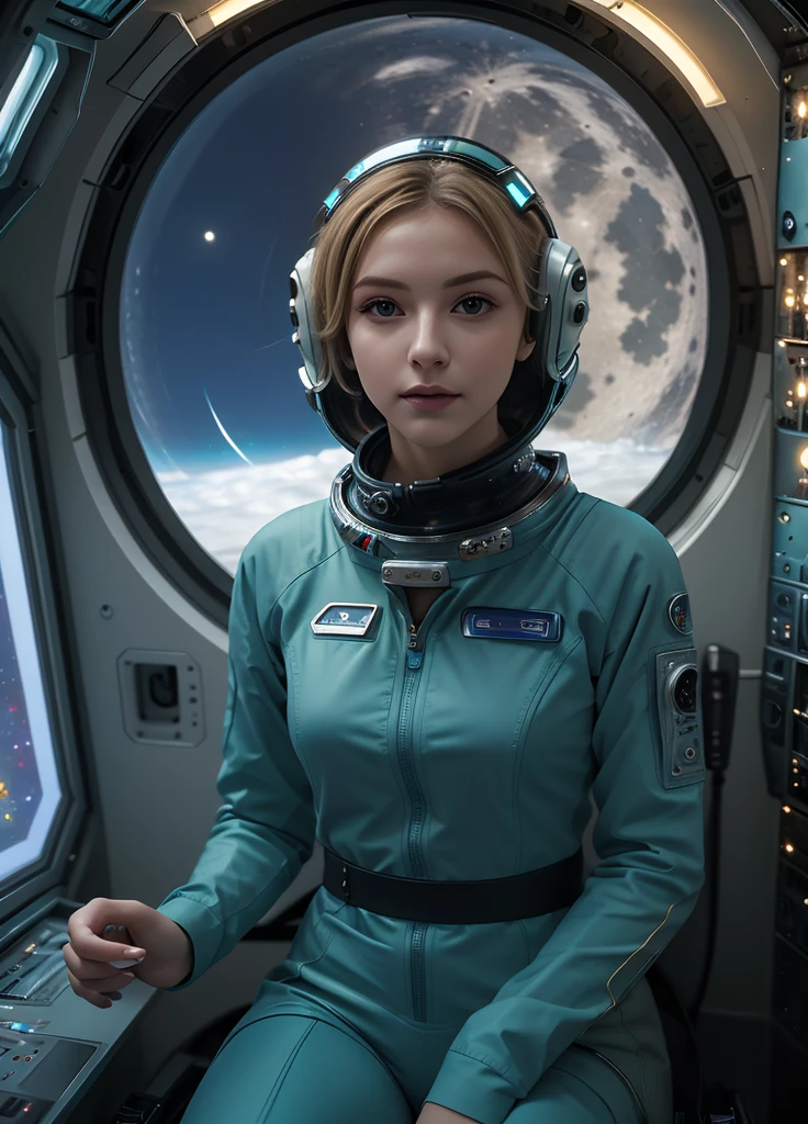 (masterpiece:1.4),(best quality,photorealistic), A beautiful woman with short hair 2, she is wearing a full length Teal space suit, she has perfect hands and face, she is sitting in a space capsule, there computers and flight controls, and exclusive, Luxury, you can see a moon out of the window