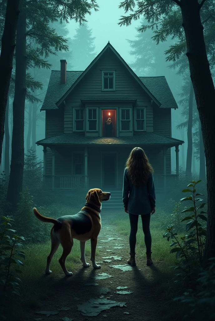 An abandoned house in the middle of the forest, A female journalist and a beagle in front of an open door with a paperclip in the lock (of those used to hold leaves) and the interior of the house revealing itself in the darkness.