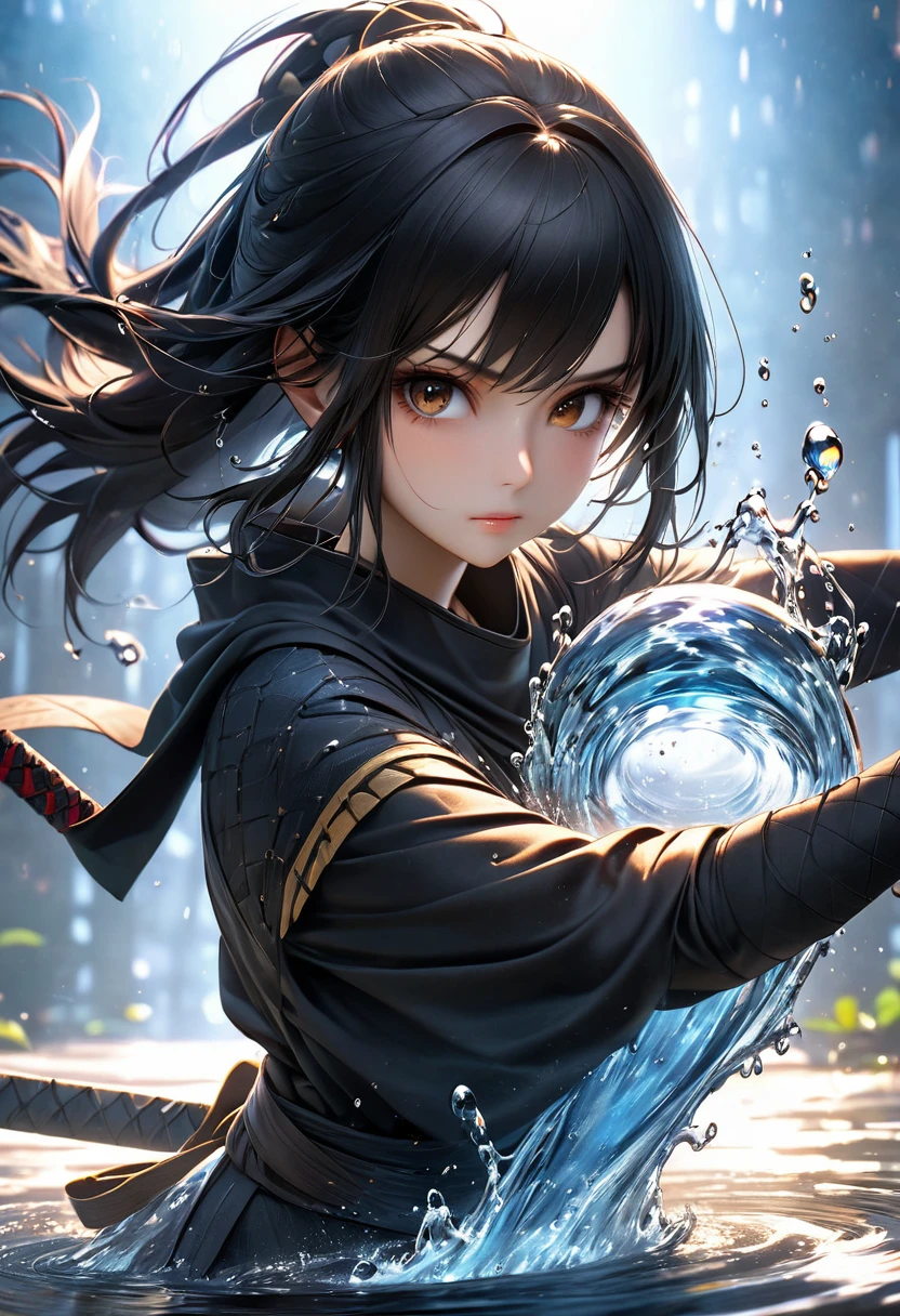 a girl in a ninja outfit, no mask, with black hair and brown eyes, manipulating water with glowing eyes, photorealistic, highly detailed, 8k, masterpiece, digital art, fantasy, cinematic lighting, dramatic composition