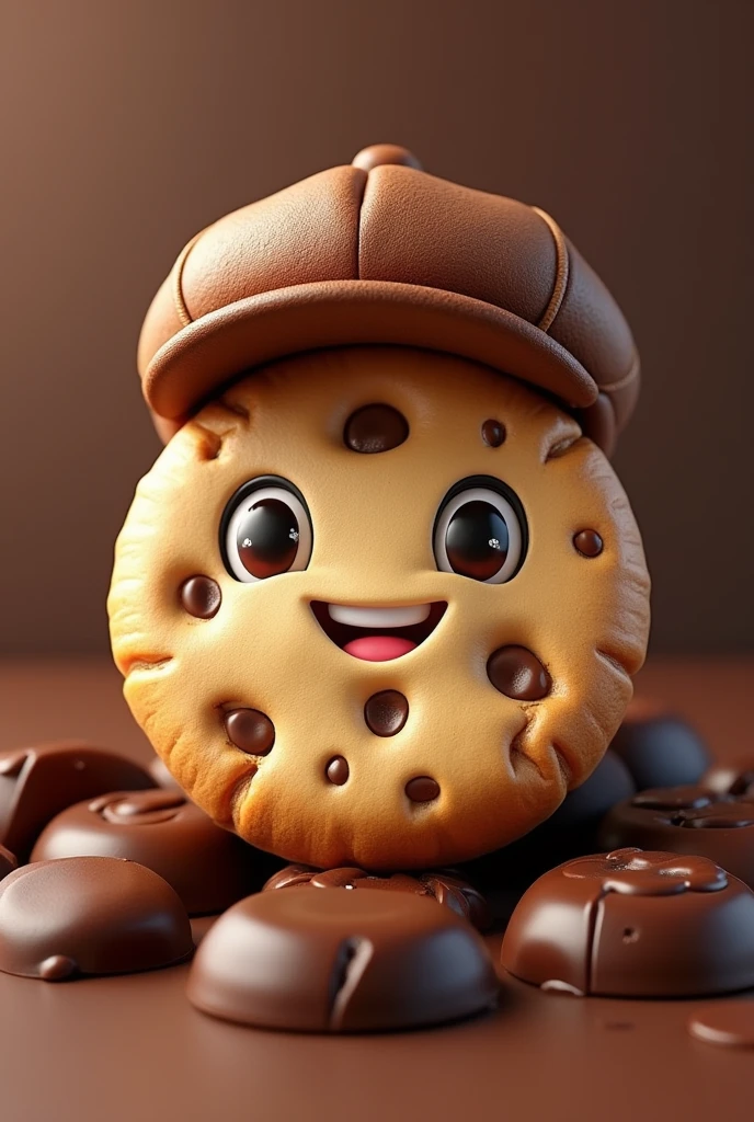 Cookie franchise mascot, with the cookie wearing a cap and the cookie surrounded by chocolate