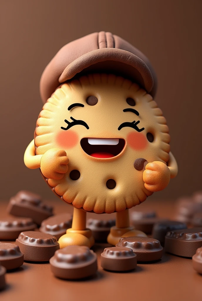 Cookie franchise mascot, with the cookie wearing a cap and the cookie surrounded by chocolate