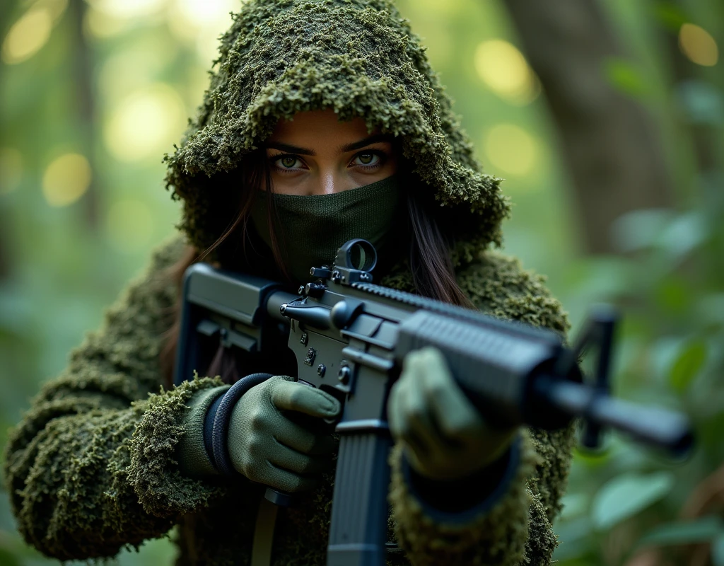 Aishwarya Rai as Russian soldier, wearing wearing full ghillie suit, wearing full face scarf, wearing gloves, in jungle area, using silenced rifle, far view, firing pose,
