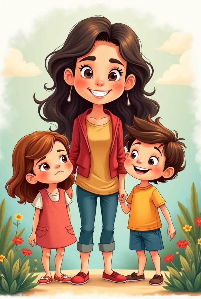 Cartoon drawing of a woman with 3 girls and 1 boy