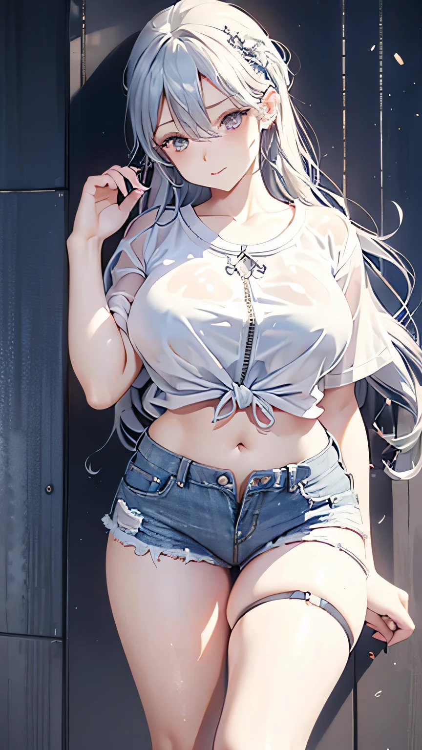 Glass Grey Translucent Knotted Short Sleeves，Plump thighs，Open crotch denim shorts，The zipper is broken，Blue and white spiral long curly hair，Leg decoration，Wet，Red tattoo on the abdomen