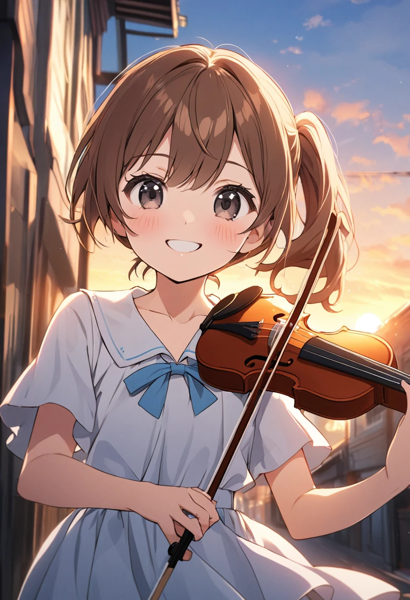 1girl,10yo,brown hair,black eyes, (red round eyewear), side ponytail,smile, blushful, anime style, super fine illustration, highly detailed, dynamic angle, beautiful detailed, 8k, On a summer evening, a Elementary school girl is practicing violin on town of tokyo. BREAK She has her eyes closed, with a dreamy expression on her face. BREAK Her hair flows gracefully in the wind as the soft light of the sunset envelops her