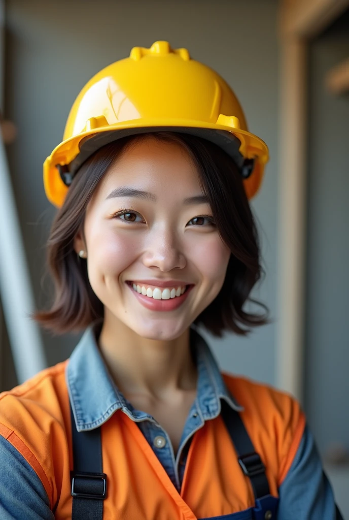 create 1 asian girl, beautiful smiling face, construction hat, wrench handle, real people, taken from the belly up